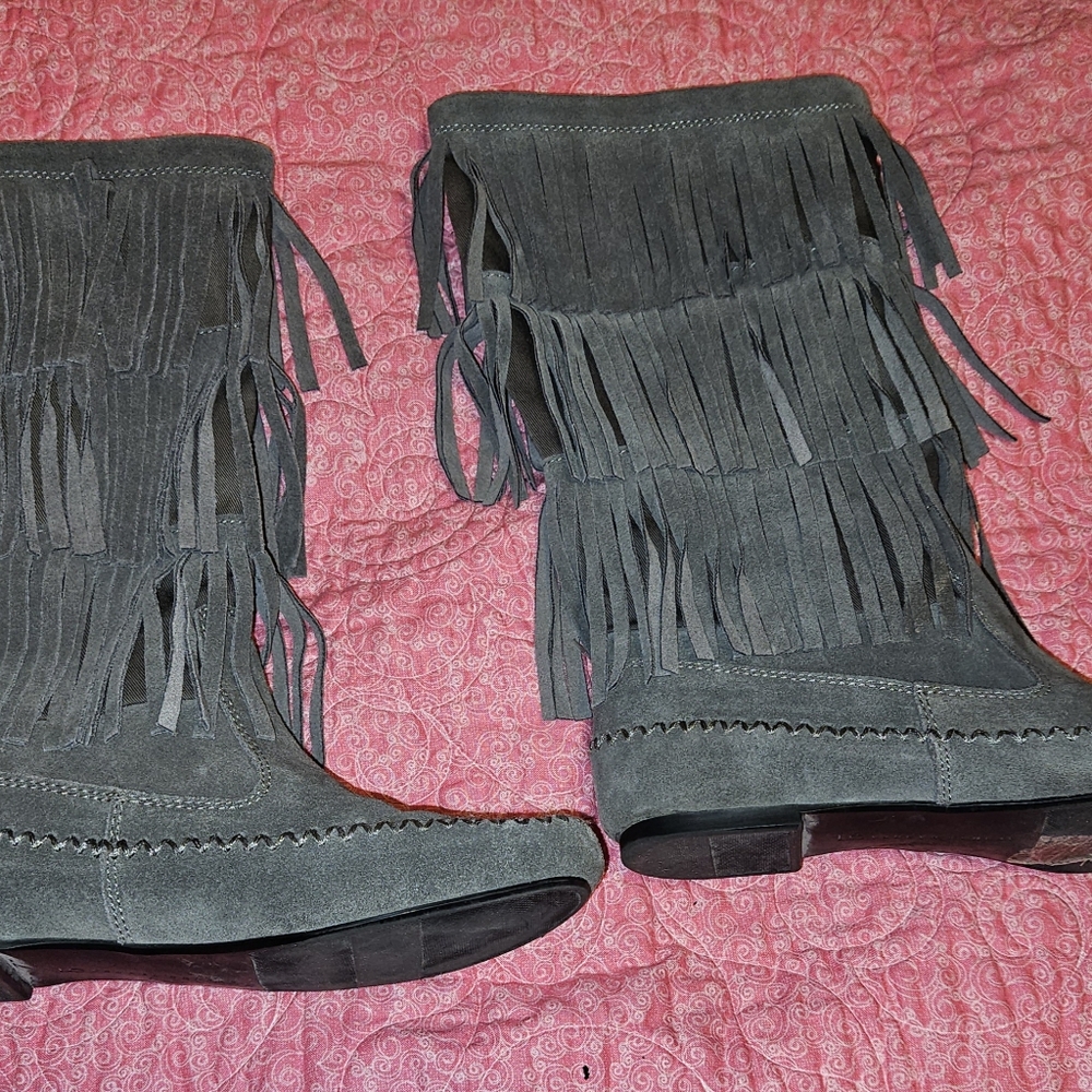 Lauren Conrad Grey Fringe Suede Leather Boots 7.5M Women's